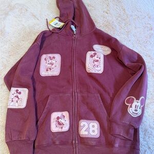 Burgundy Zip Hoodie with Pink Mickey Patches